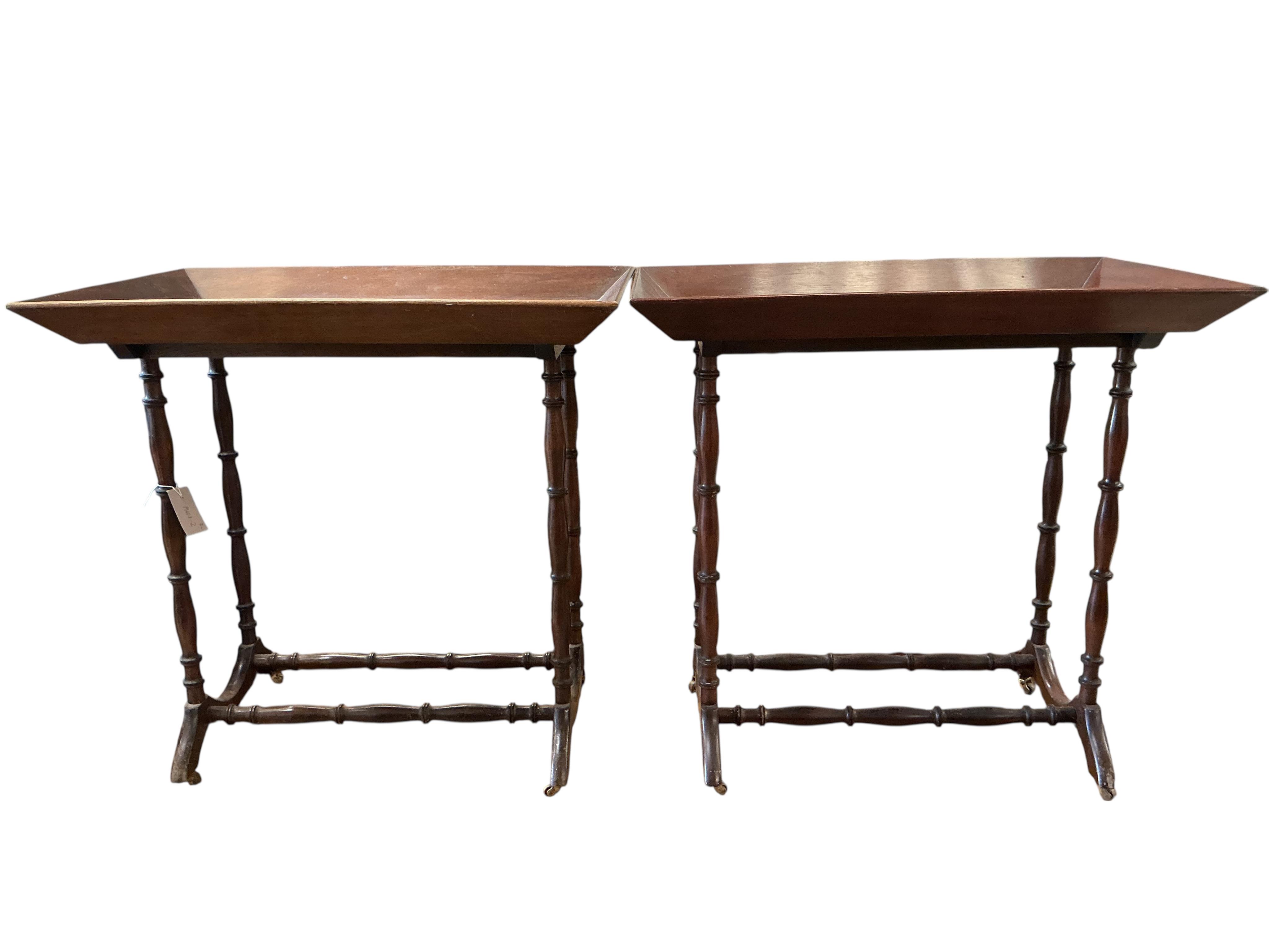A pair of Victorian and later rectangular mahogany tray top occasional tables, width 74cm, depth 49cm, height 73cm